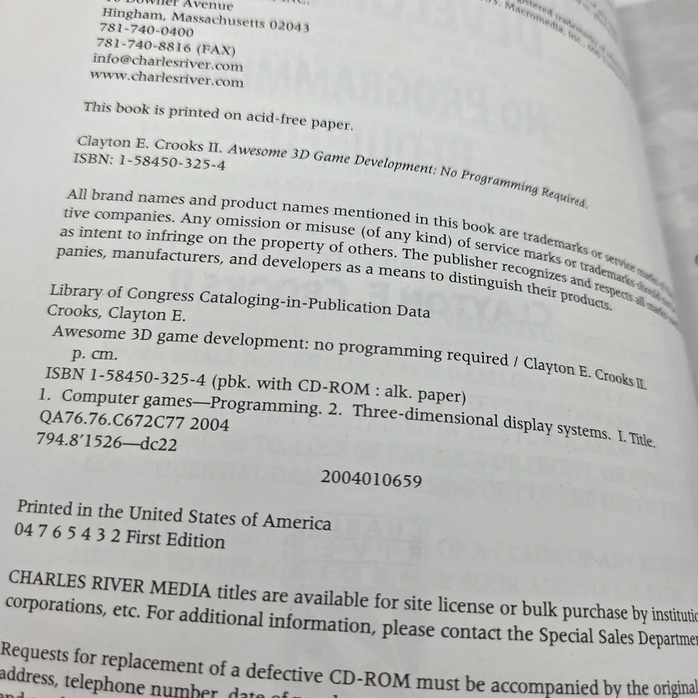 Awesome 3D Game Development No Programming Required Book CD Clayton Crooks 2004